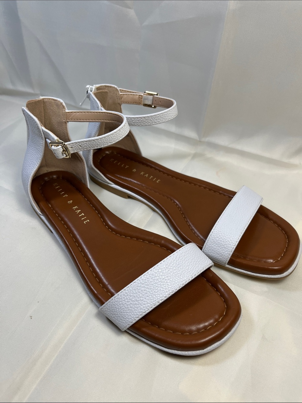 Kelly & Katie White Ankle-Strap Flat Sandals with Brown Footbed